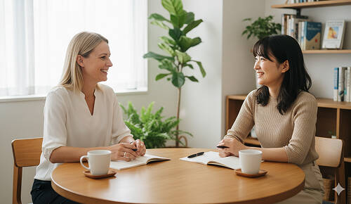 生徒と外国人の先生が向き合っている写真