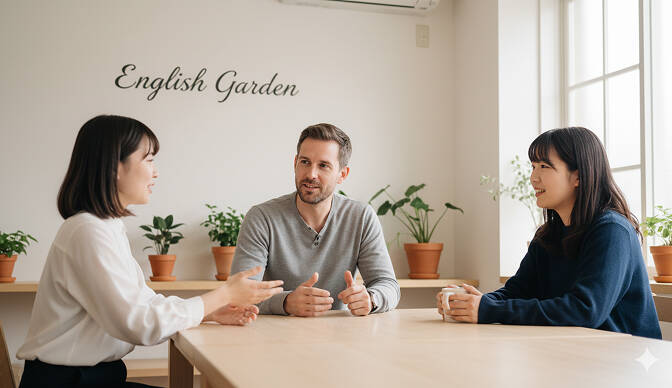 講師１名、大学生の女性２名が会話している写真