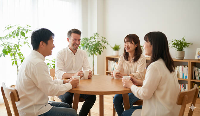 講師１名、大学生の男女３名が会話している写真