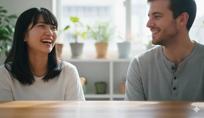 講師１名、大学生の女性1名が会話している写真